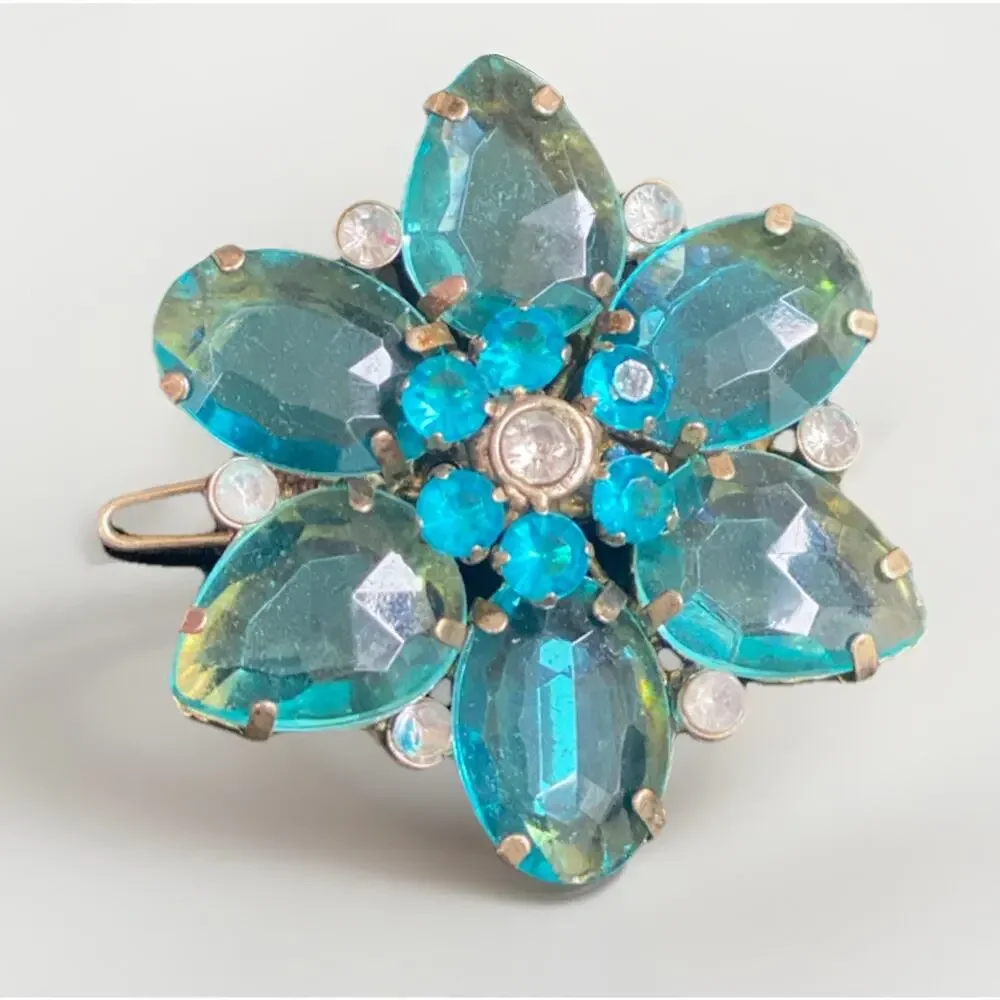 Vtg 1950s Weiss Aqua Blue Rhinestone Flower Hair Barrette Silver Glass Crystal